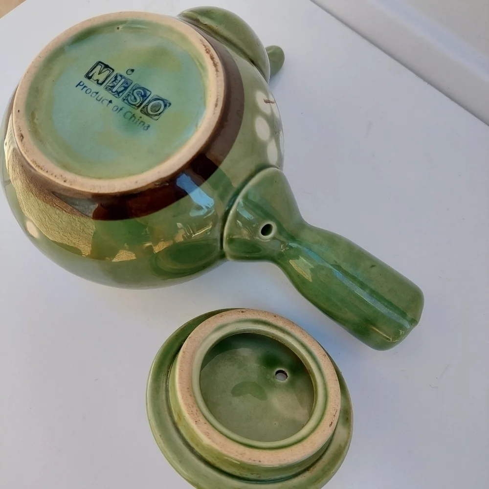 Miso Pottery Asian Japan Green with White Cherry Blossoms Side Spout Tea Pot - Picture 11 of 11